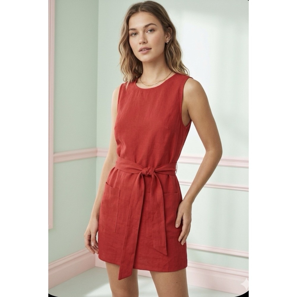 Reformation‎ Sommer Belted Linen Mini Dress M Red Shift Sleeveless